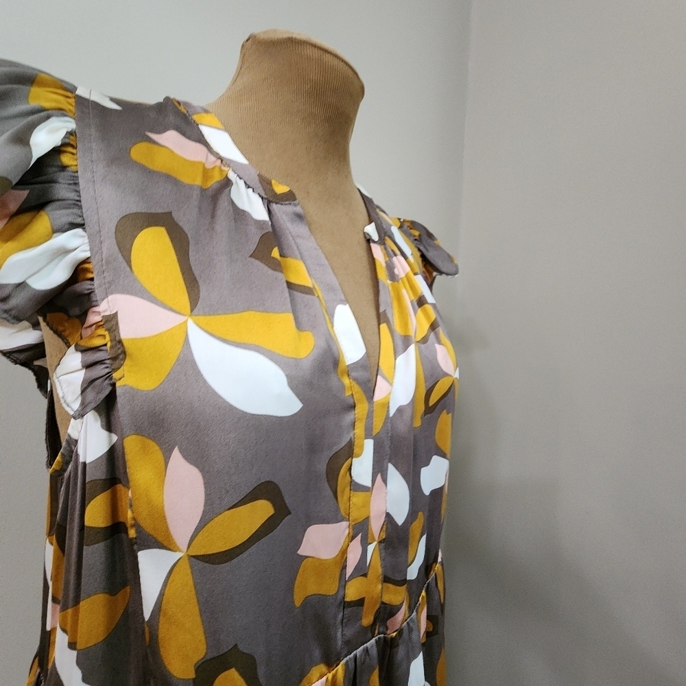 Mittoshop Floral Ruffle Sleeve Dress Tiered Mini Mocha Size S - Picture 4 of 10